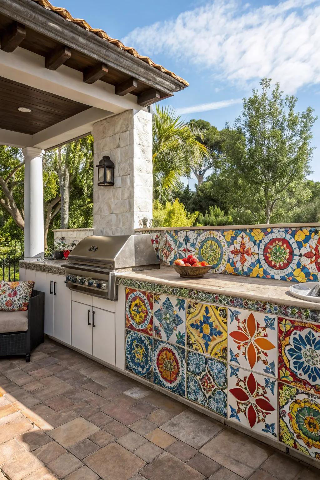 A vibrant Spanish tile rear wall serves as a striking focal point in this outdoor kitchen.