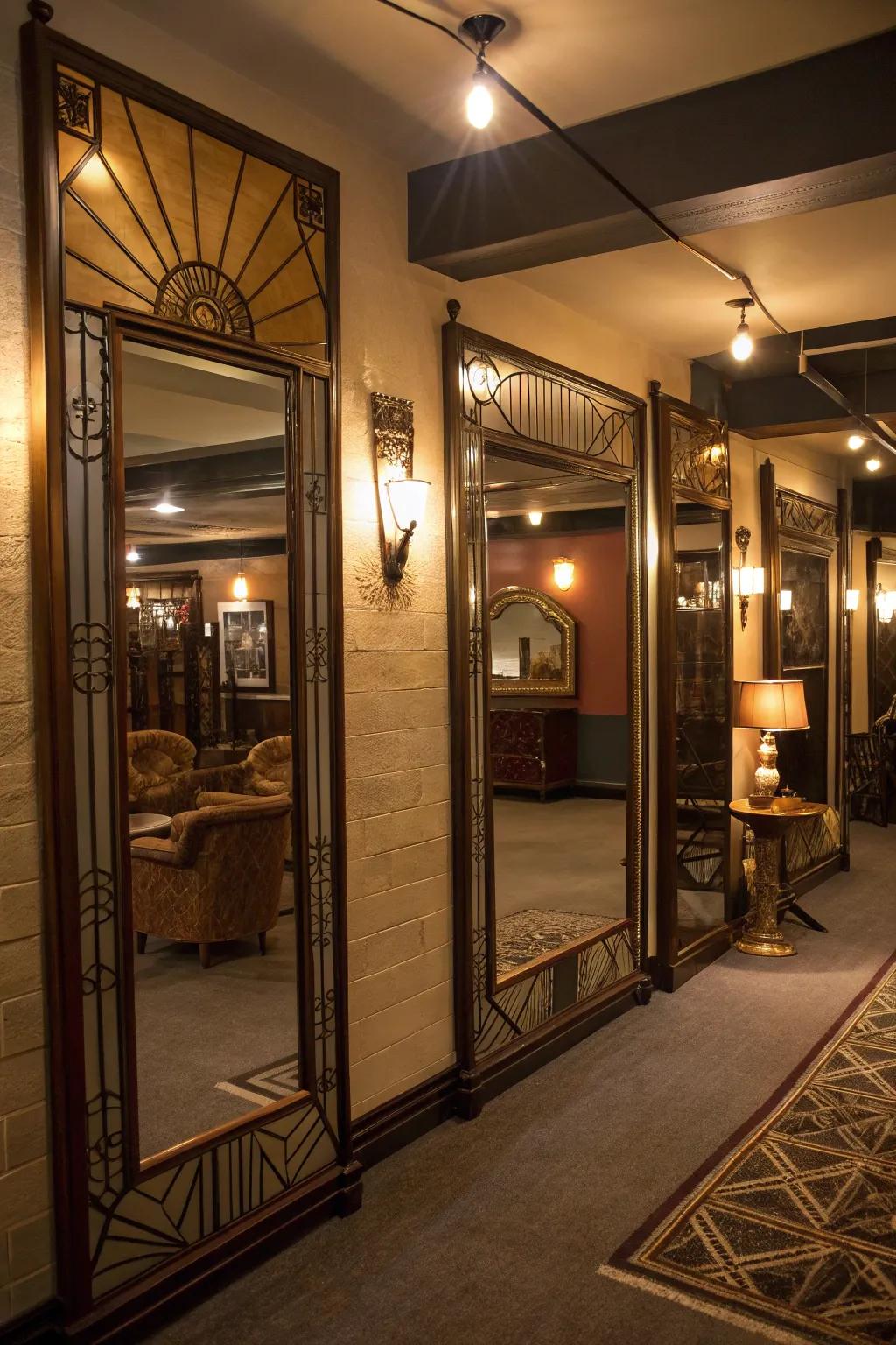 Art deco mirrors infuse a glamorous flourish into your speakeasy.
