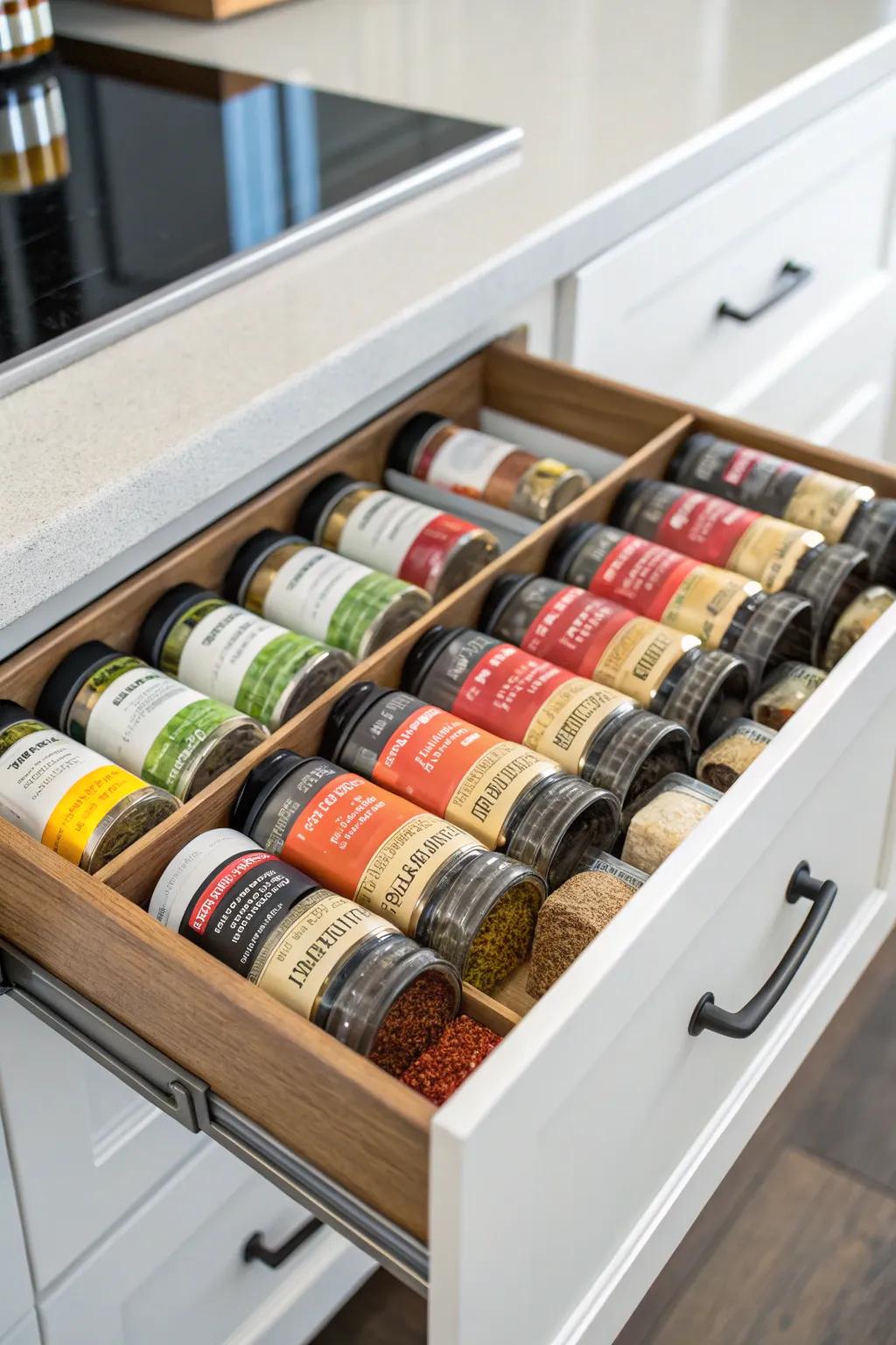 Drawer dividers used to create a spice zone.
