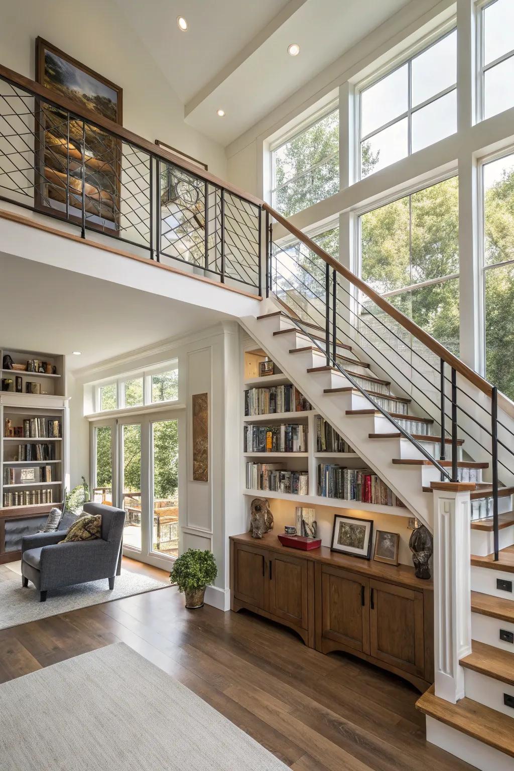 Integrated shelving in railing design adding functionality to a split-level home.