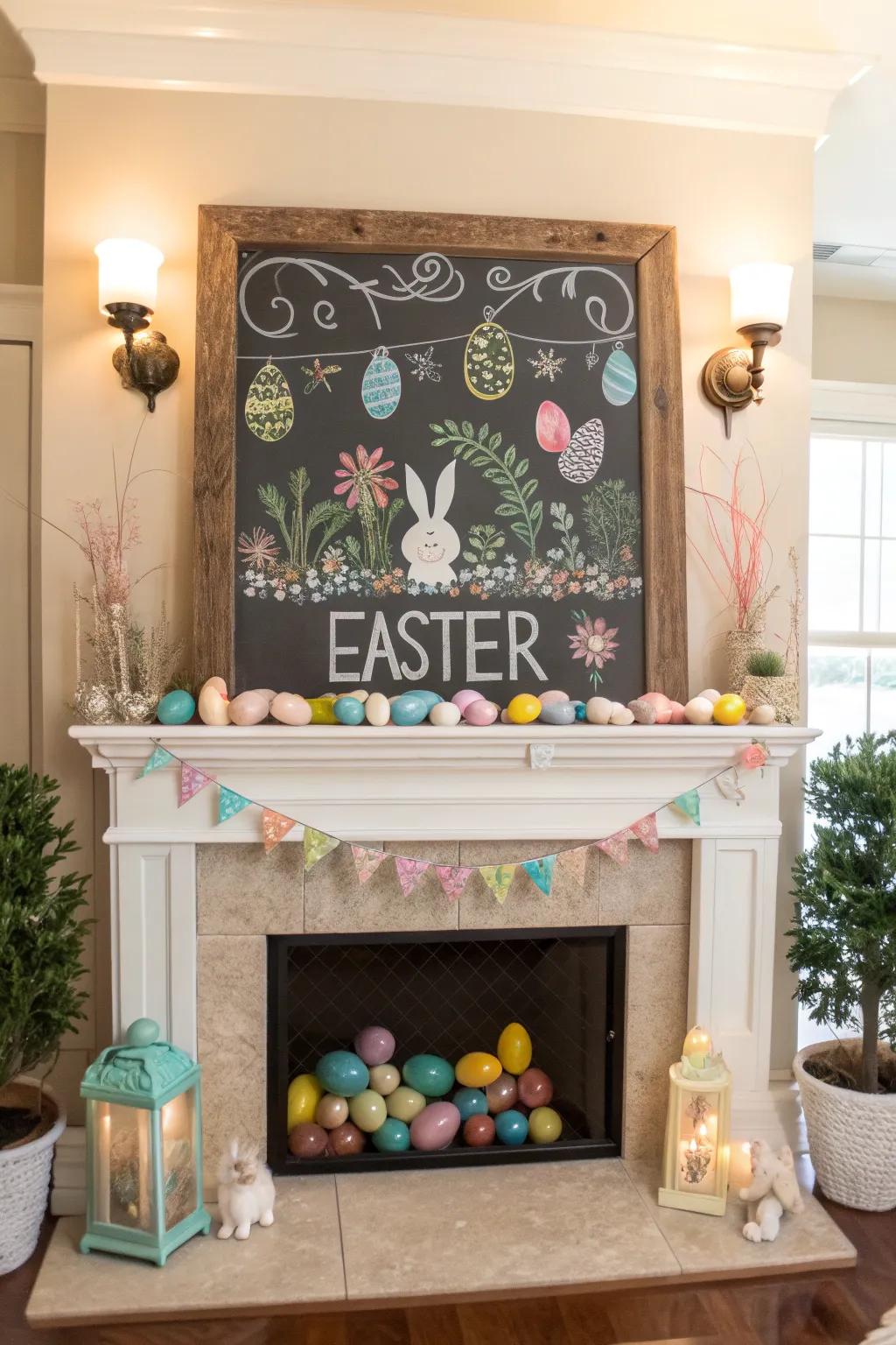 A chalkboard imbuing versatility and charm into the mantel.