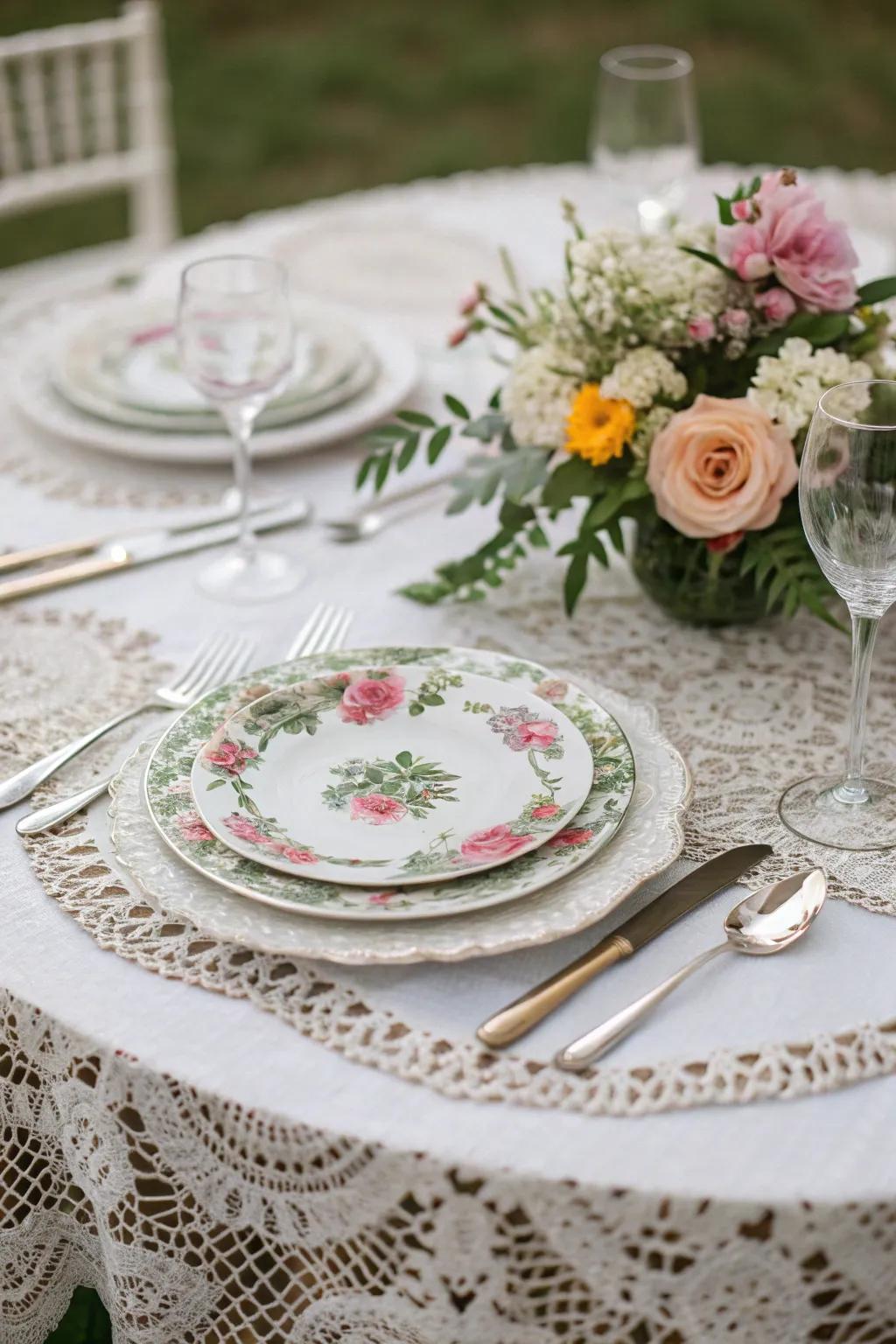 Net table linens contribute an accent of classic grace to the table.
