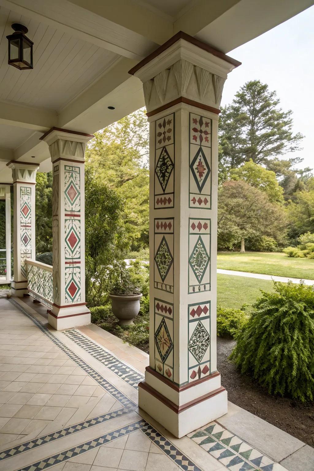 Geometric designs on square columns add modern artistic style.