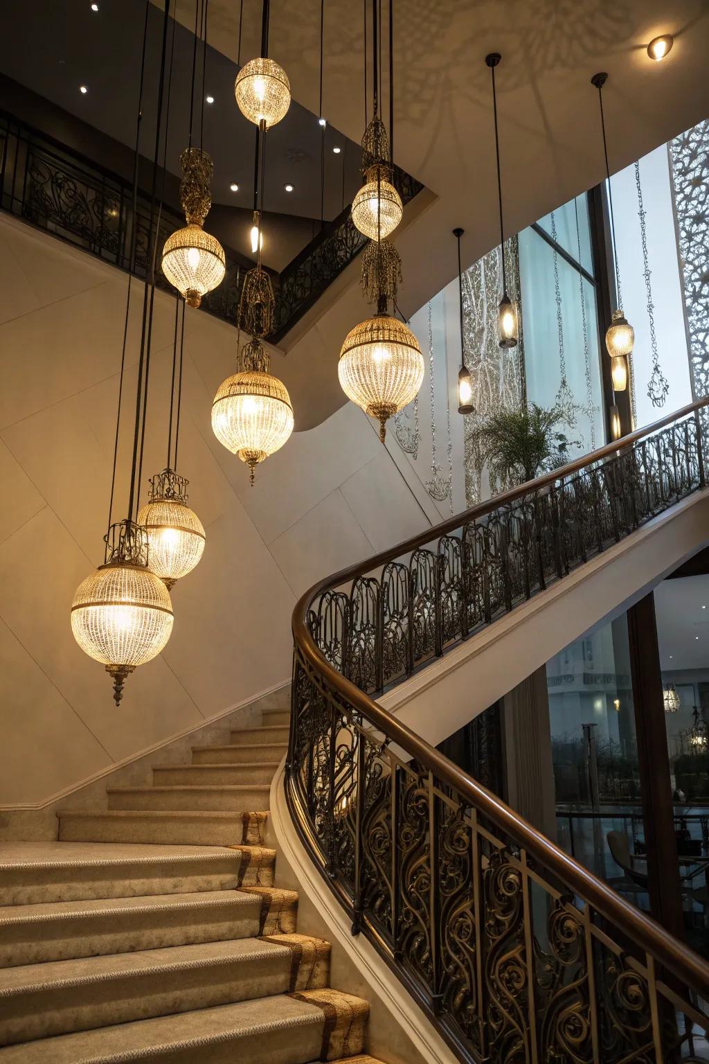Pendant lights append elegance and glamour to stairs.