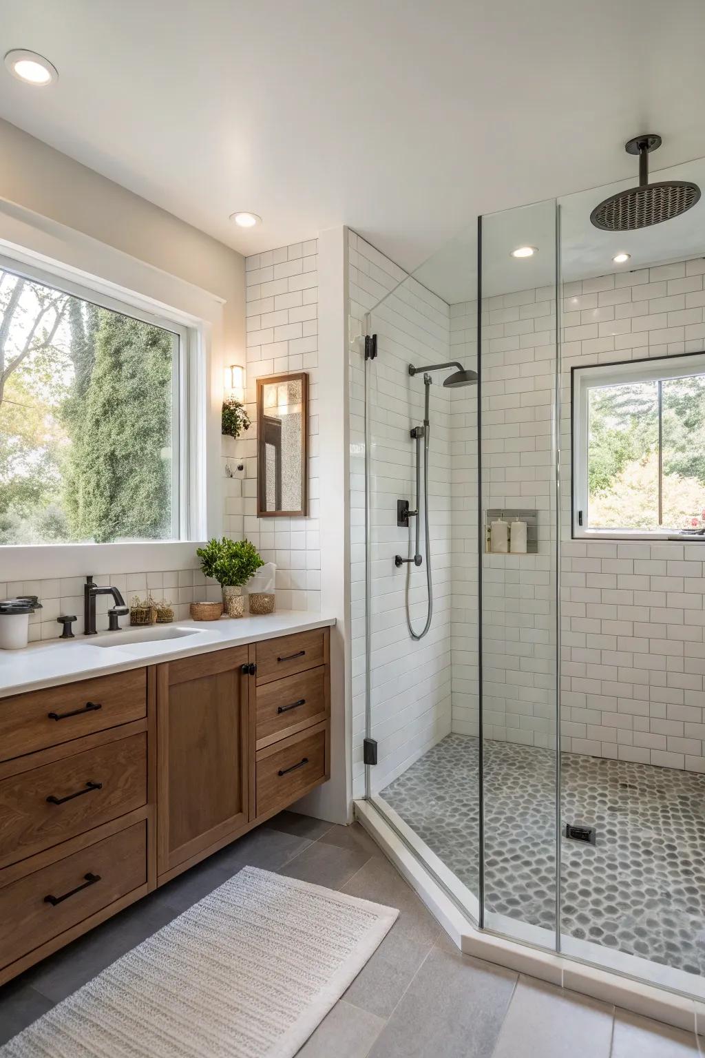 An open shower design promotes a seamless flow in the bathroom.