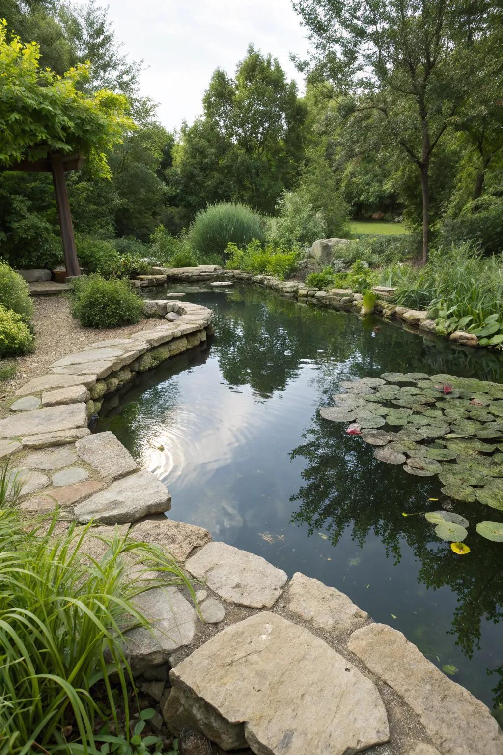 A serene pond scene, marked with natural stone edging.