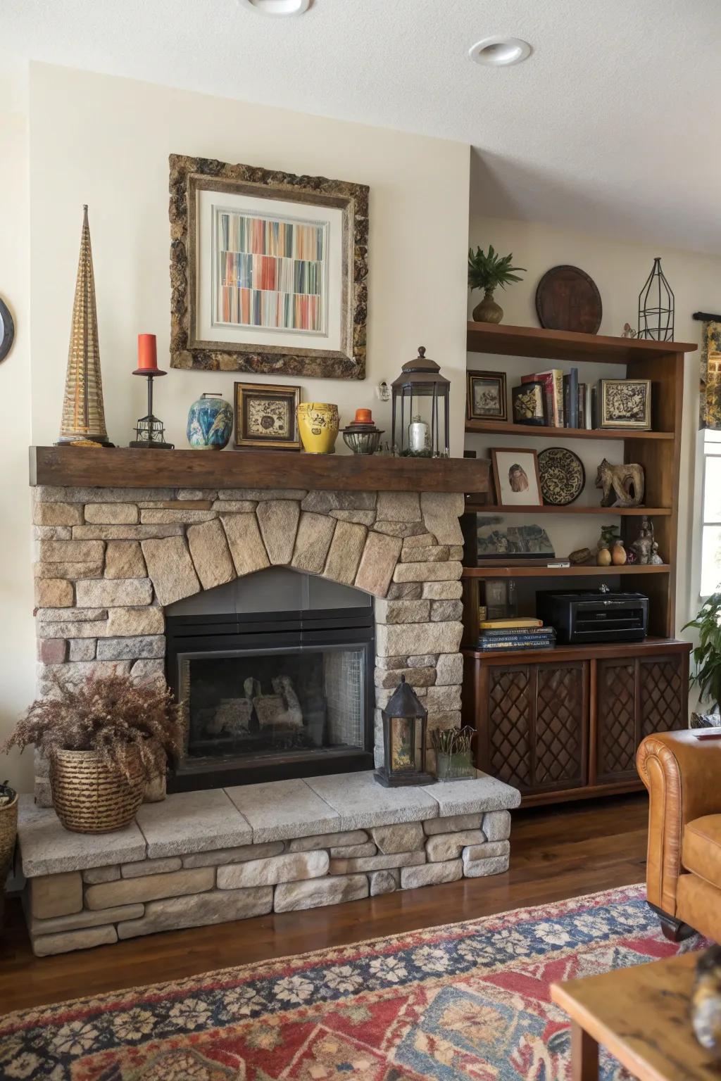 An eclectic area showcasing a stone fireplace and a mixed-aesthetic mantel presentation.