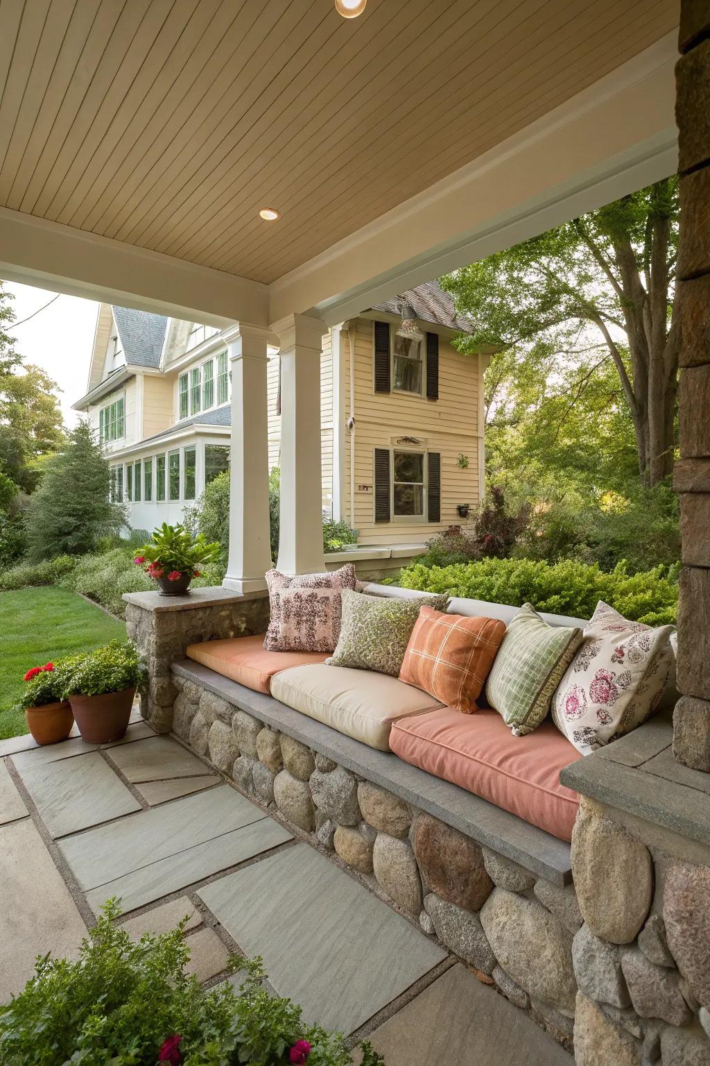Stone seating built-ins furnish resilient comfort.