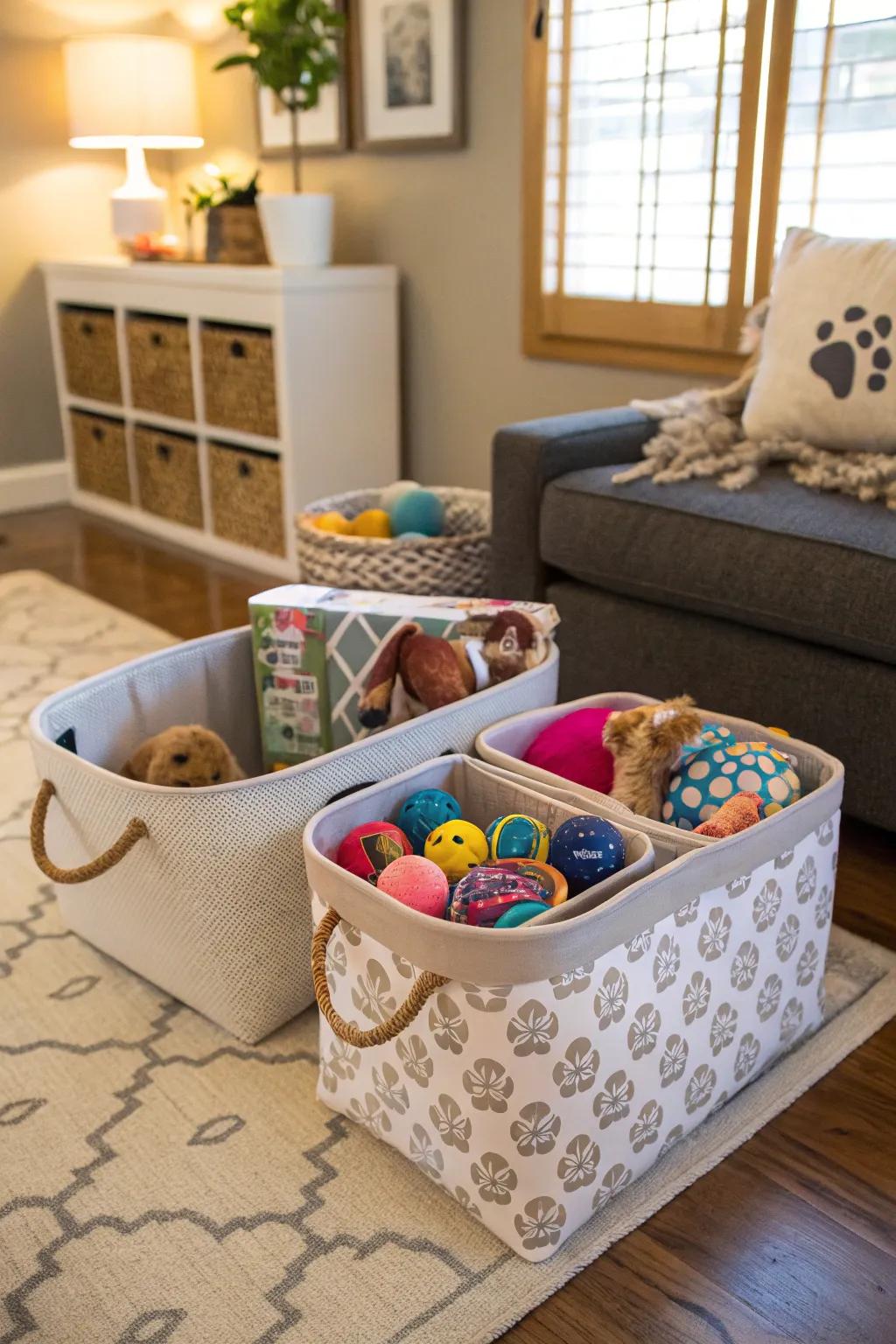 Keep pet supplies in check with decorative bins.