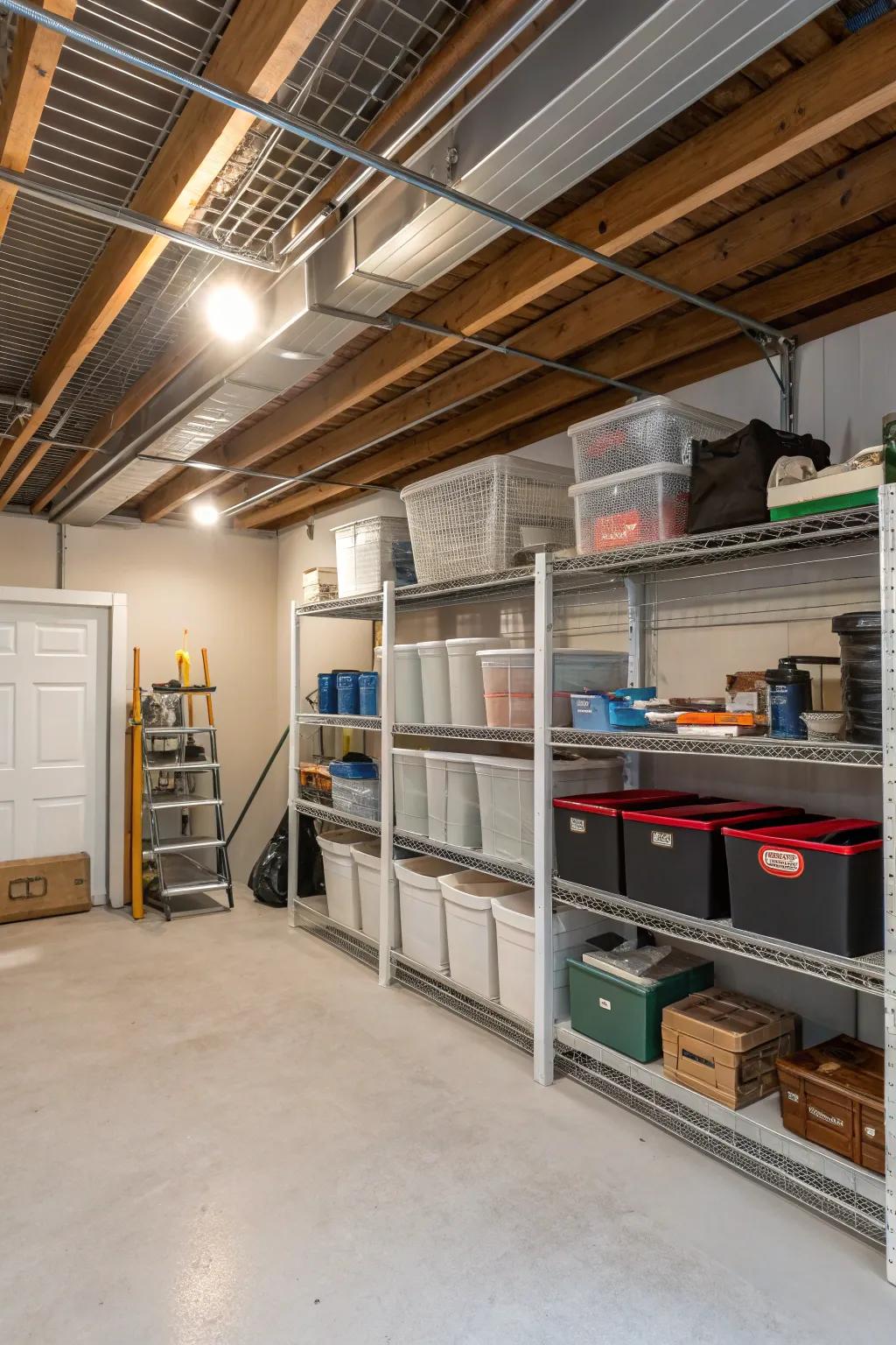 A functional basement equipped with wire shelves nestled between overhead joists, optimizing space.