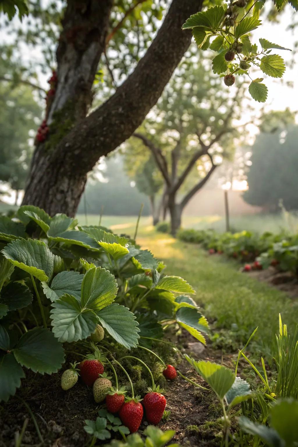 A harmonious guild featuring strawberries beneath a fruit-bearing tree.
