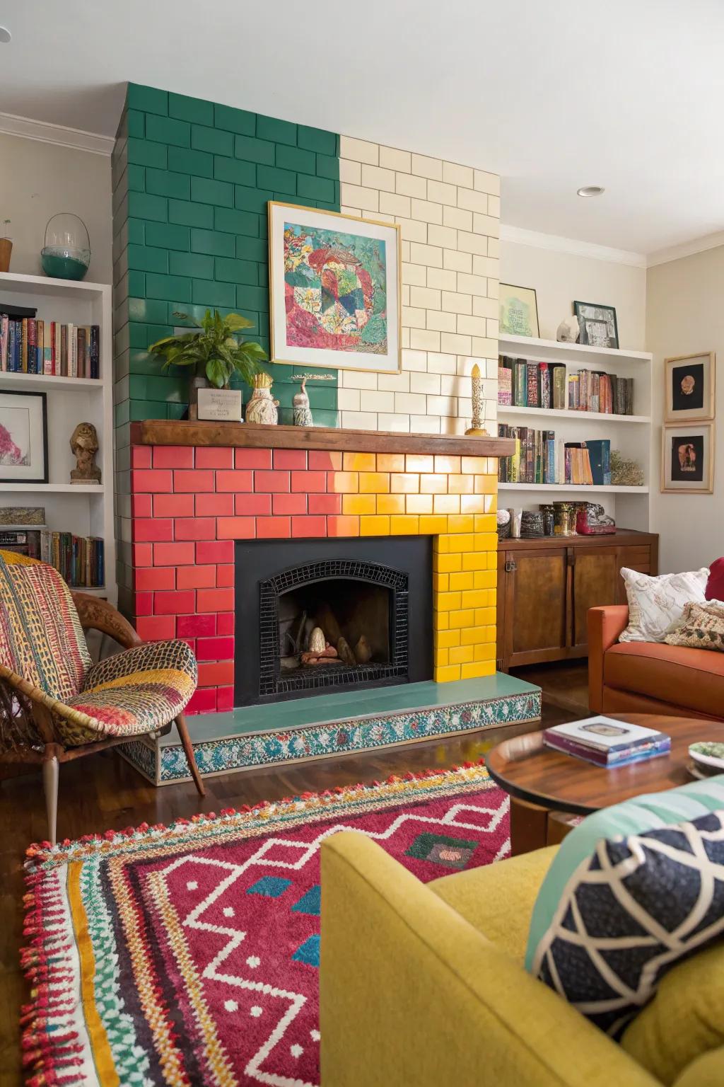 Bold color blocks make this rectangle tile fireplace a standout feature.