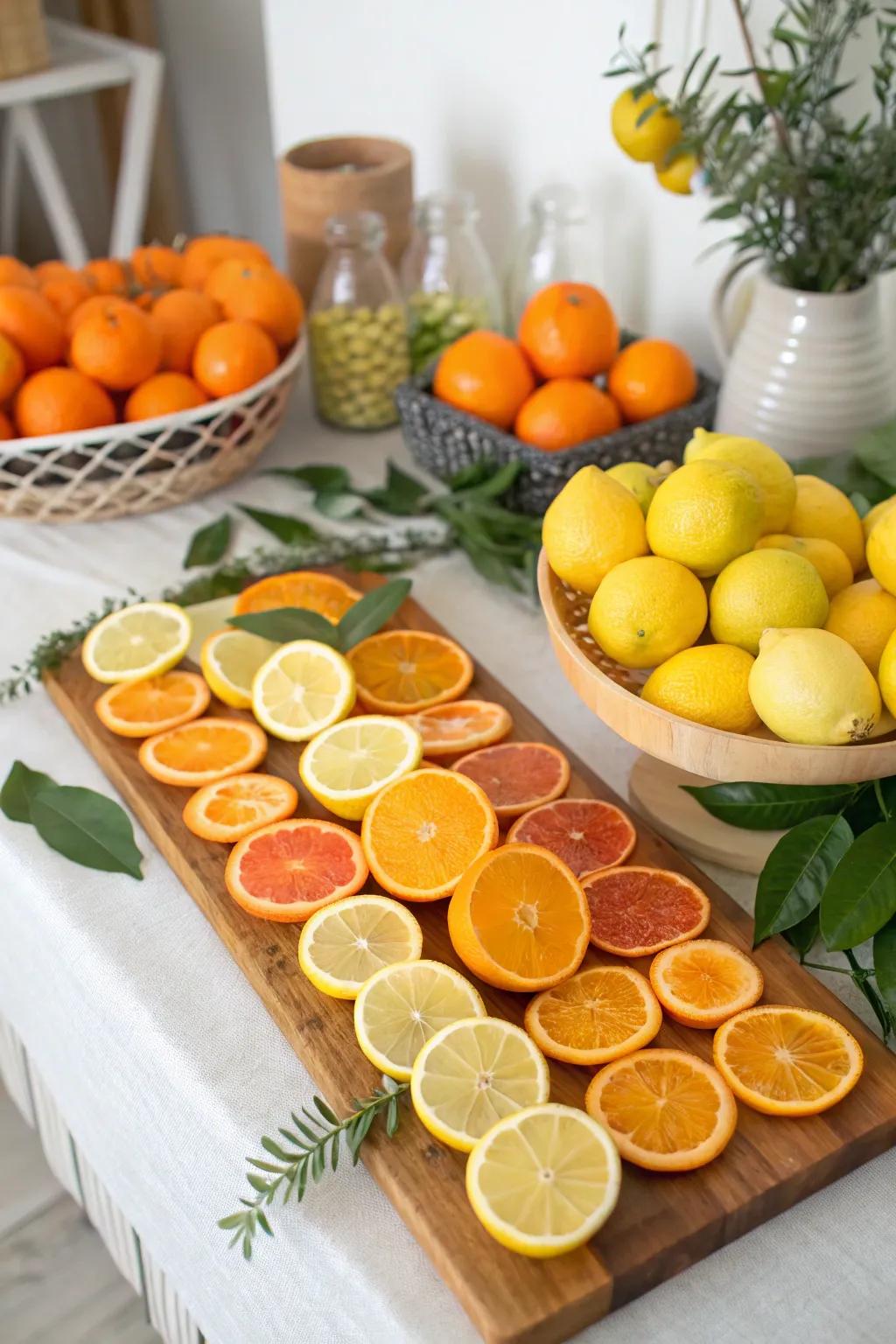 A revitalizing citrus-inspired display featuring tangerines and lemons.