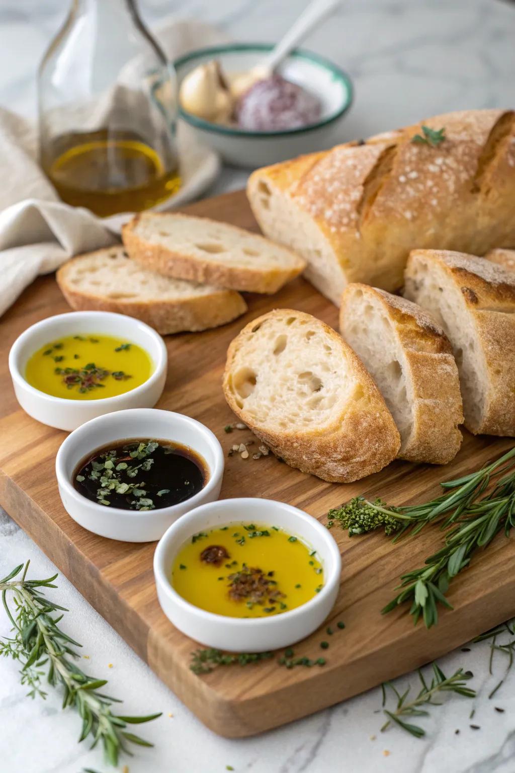 A streamlined yet sophisticated selection of bread and infused oils.