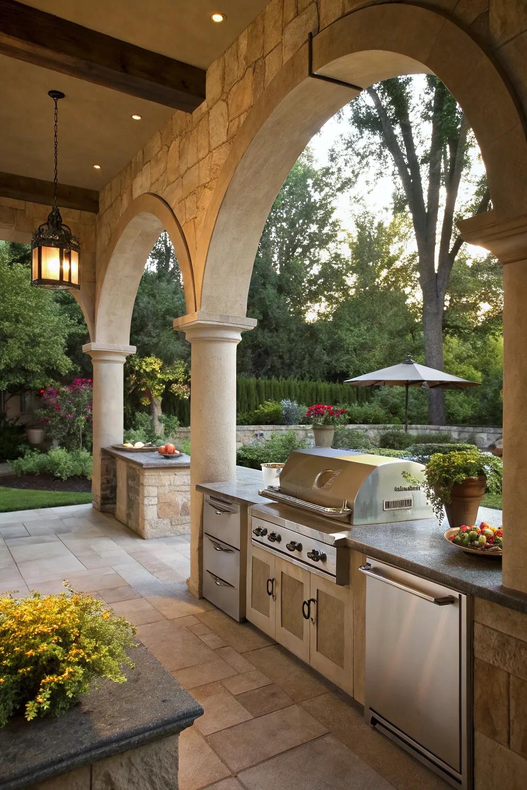 Unique architectural features create a distinctive outdoor kitchen.