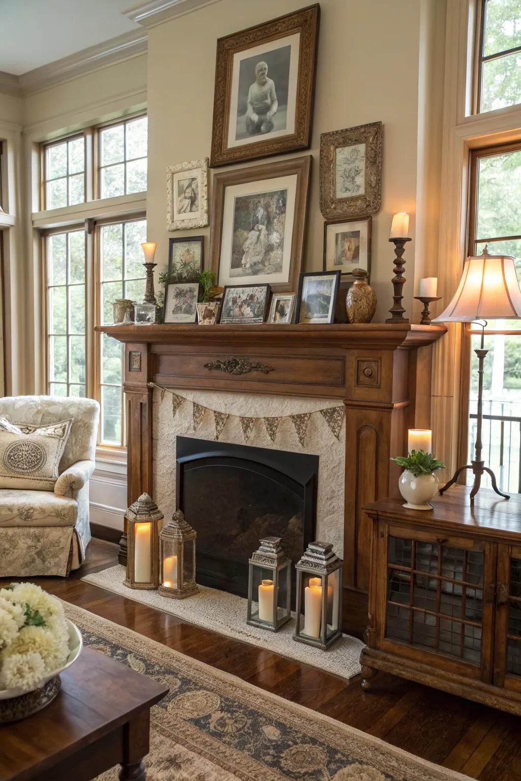 Vintage elements introduce charm and character to your mantel ornamentation.