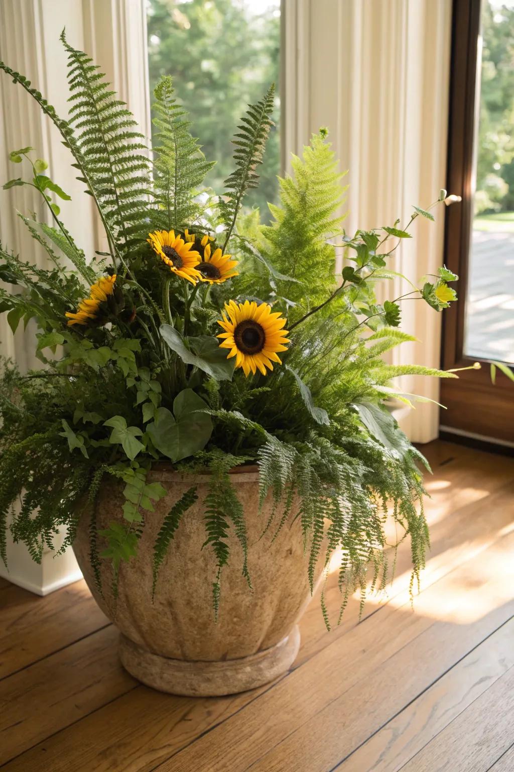 Embrace the natural world within your dwelling with sunflowers and fronds.