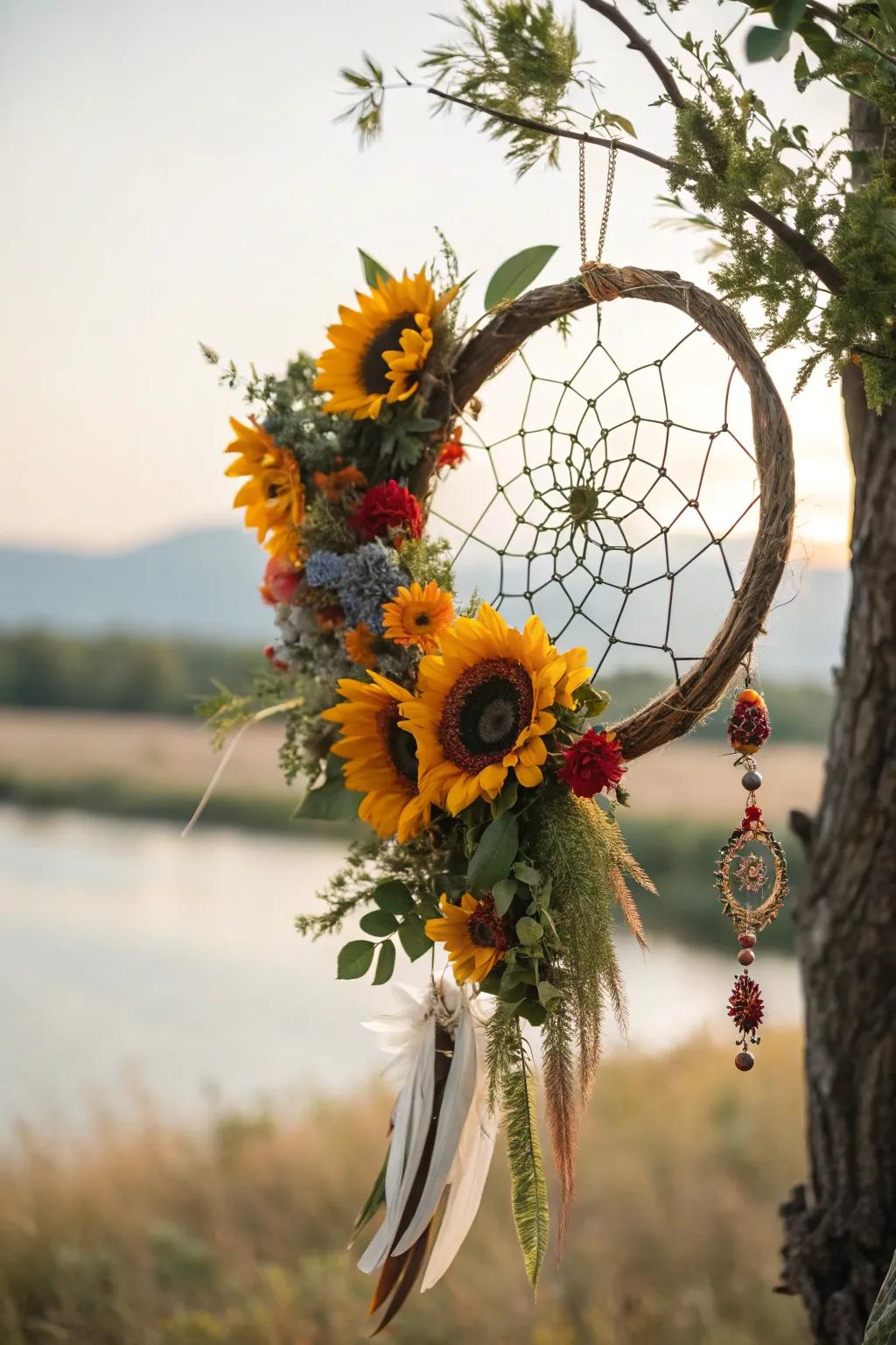 Dreamy boho atmosphere with a sunburst dream catcher wreath.