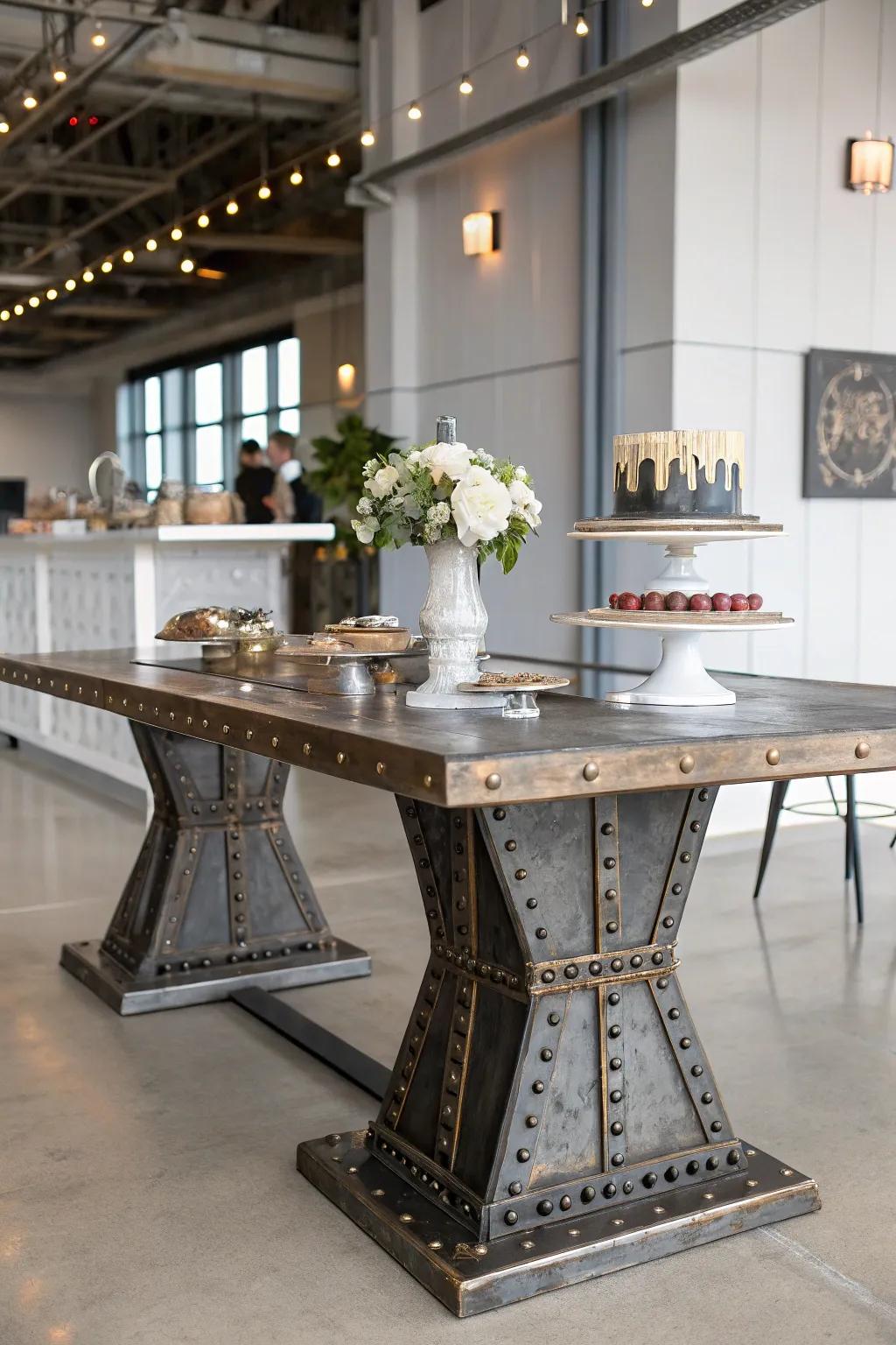An industrial chic sweetheart table with exposed metals and streamlined surfaces.