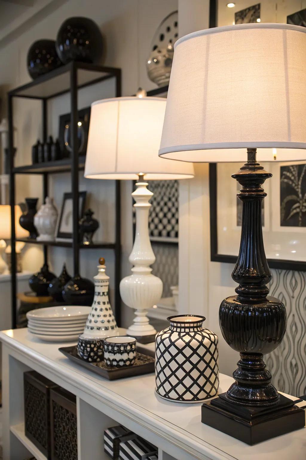 Black and white table lamps amplify the sophistication of a monochrome-themed room.