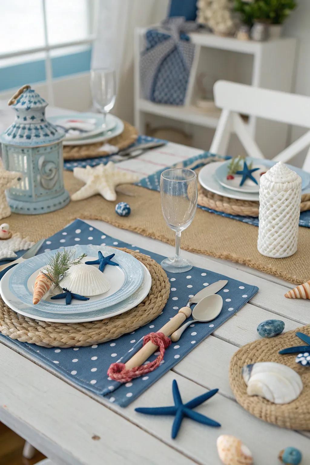Playful themes like a coastal retreat infuse delight into the table.