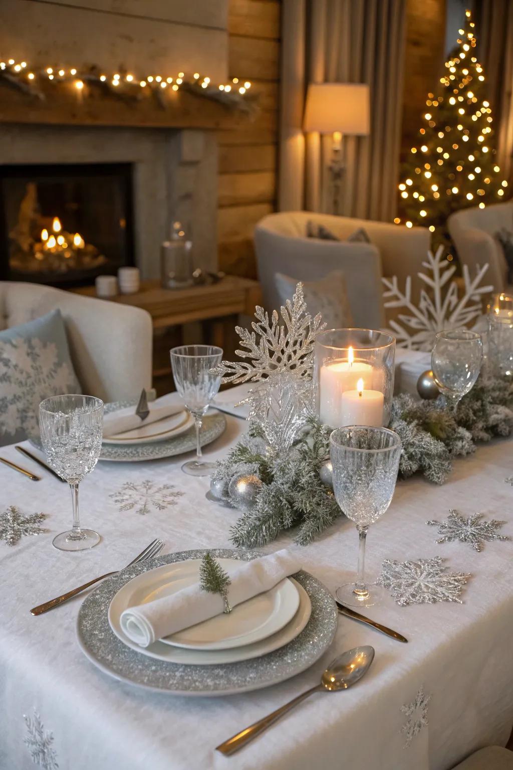 A winter-themed table arrangement featuring frosty nuances.