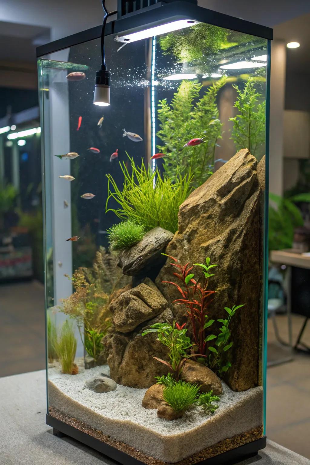 A tall aquarium beautifully crafted as a biotope.
