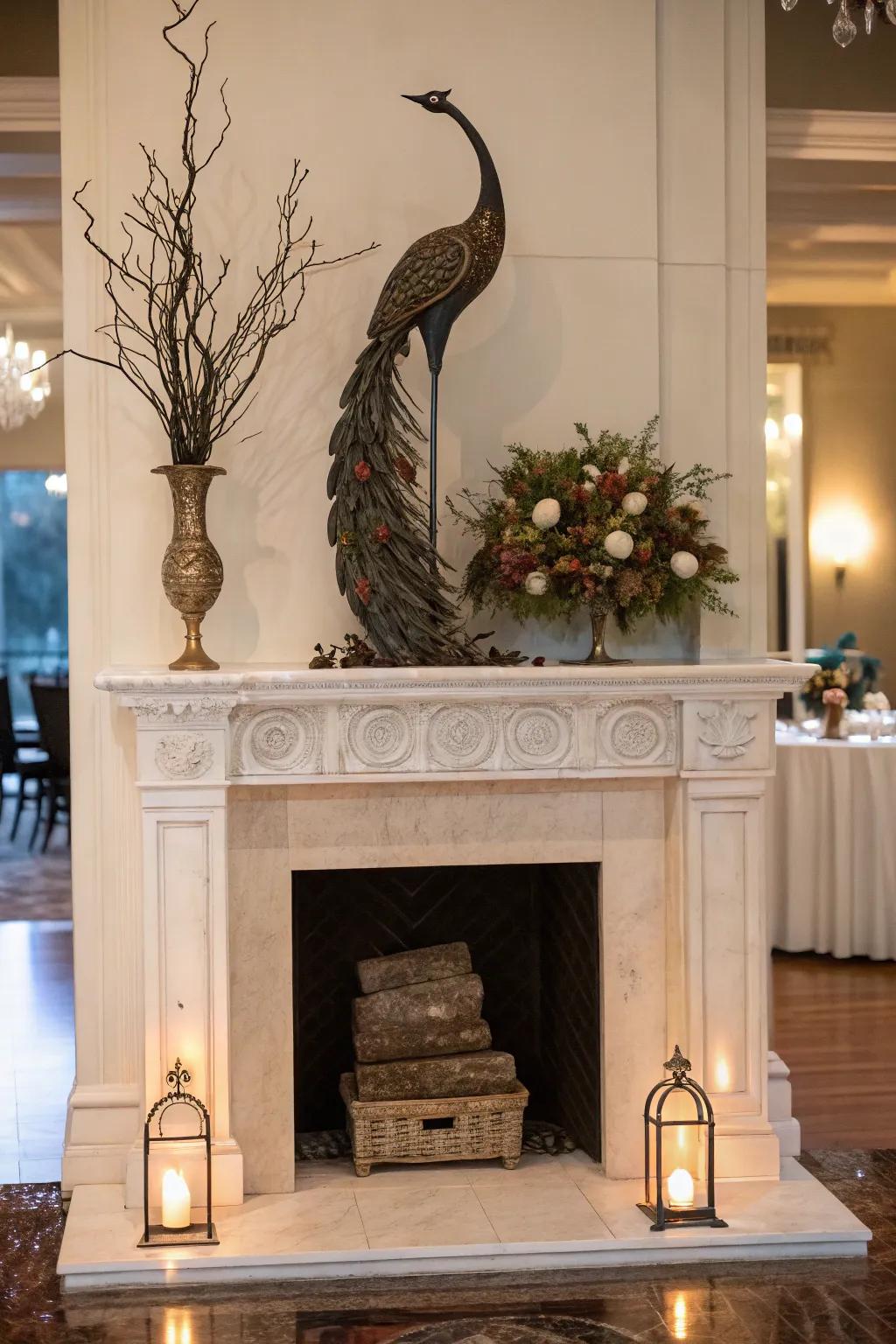 An elevated mantel featuring an audacious sculpture as a centerpiece.