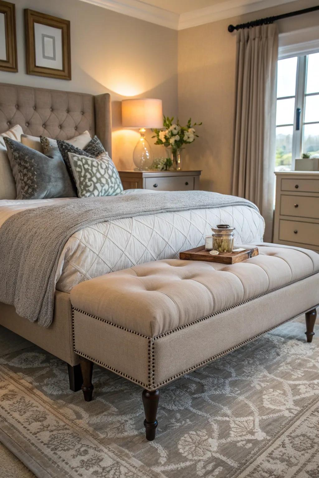 A greige bed-end bench introducing design and practicality.