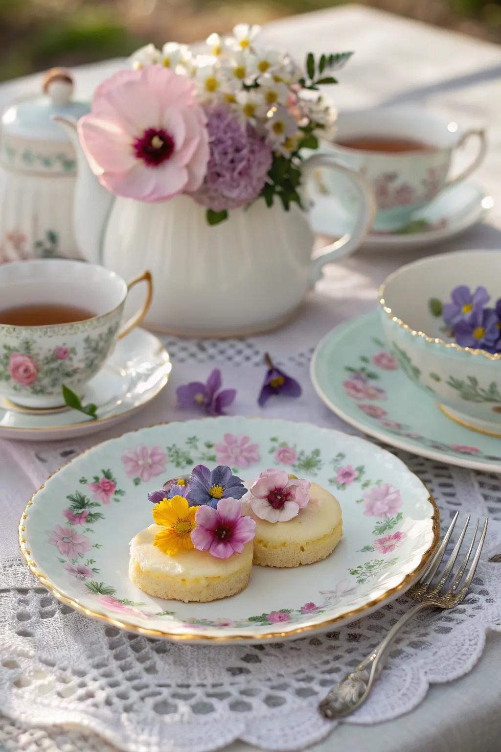Gourmet flowers add color and flavor to the tea party dishes.