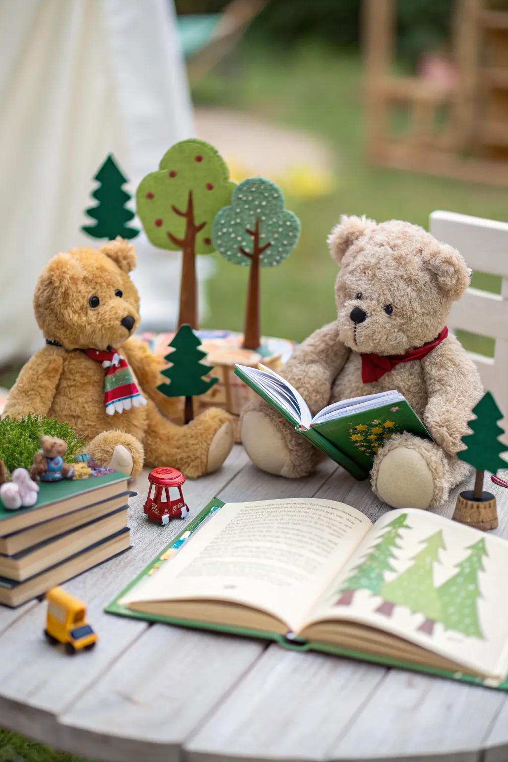 A whimsical storybook scene with stuffed bears.