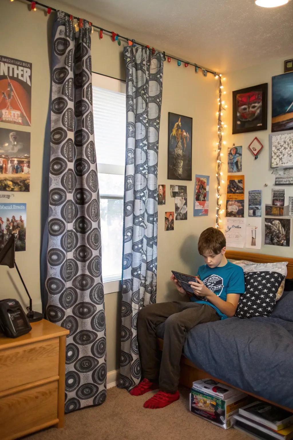 Bespoke-patterned curtains mirror individual style and interests.