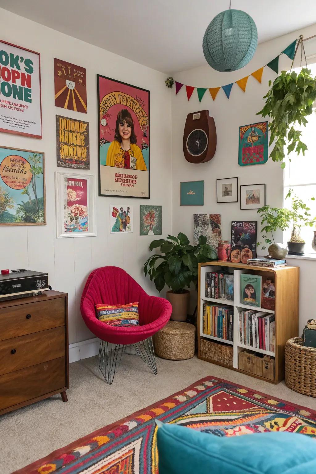 Eclectic decor adds unique character to the room.