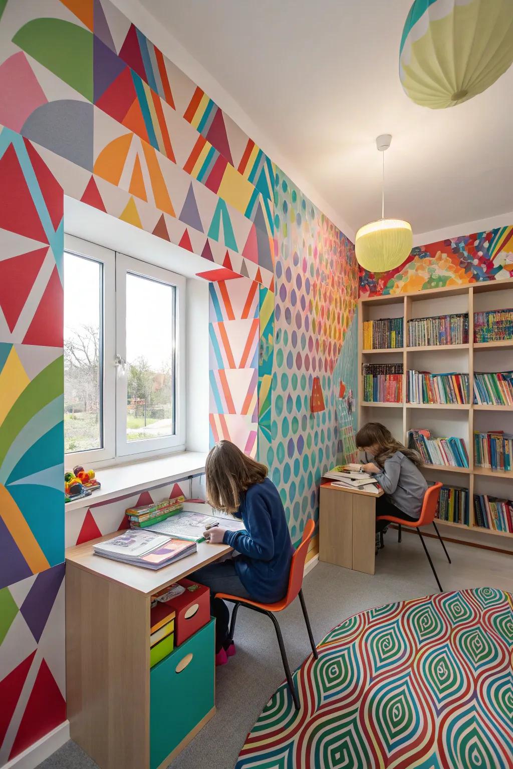 A study space featuring whimsical optical illusion wall textures.