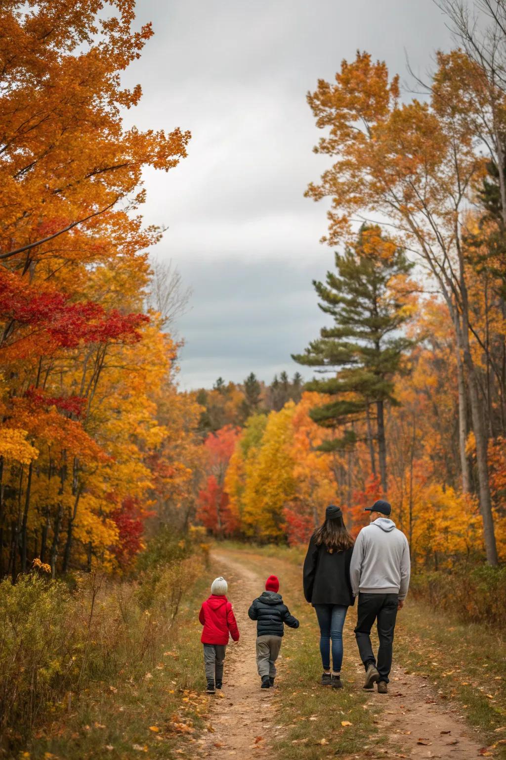 A family savoring a serene nature stroll amidst autumnal resplendence.