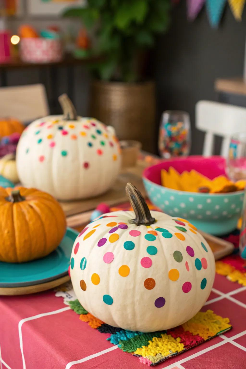 Playful confetti coated pumpkins for festive merriment.