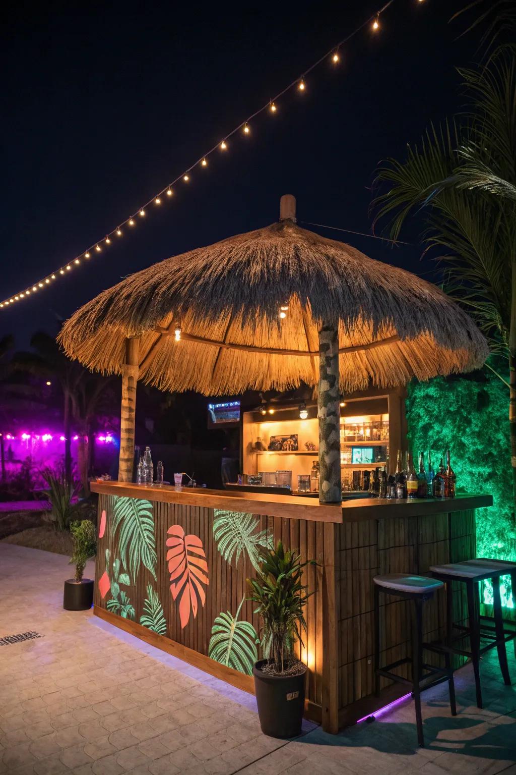 A thatched sunshade introduces both utility and tropical style.