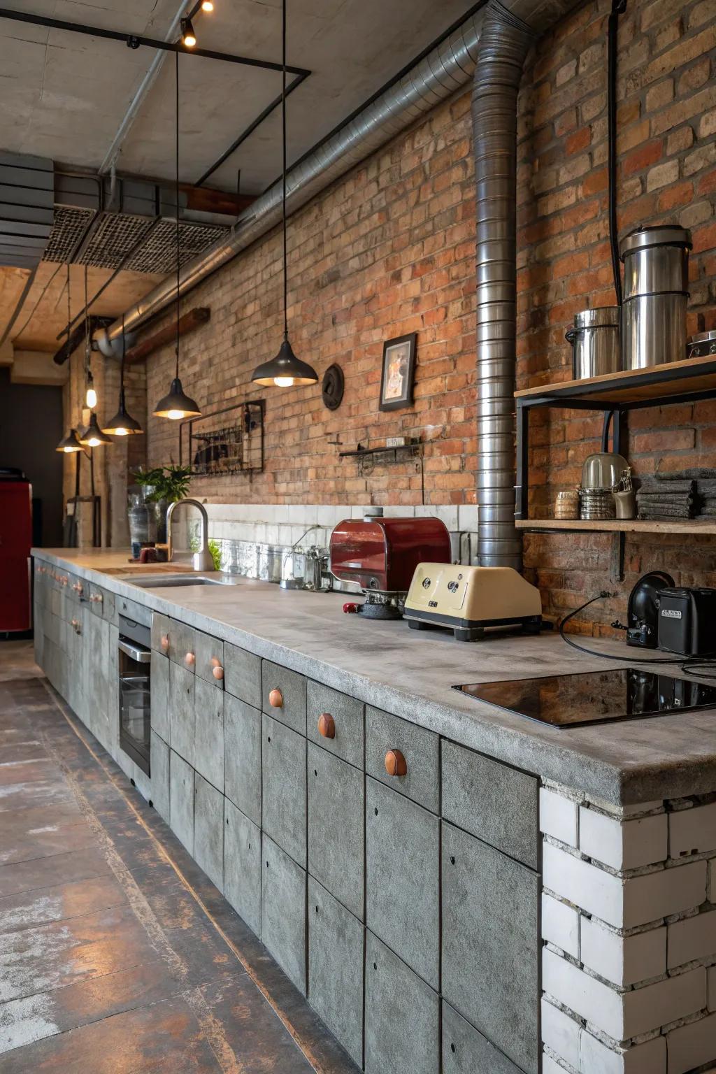 Concrete tiling contributes industrial chic to this urban cooking space.