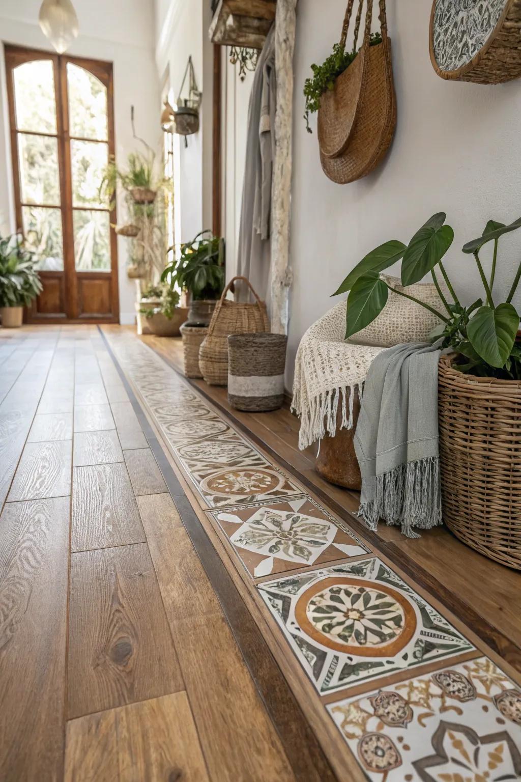 Patterned tile borders fashion a featured transition into a timber surface.
