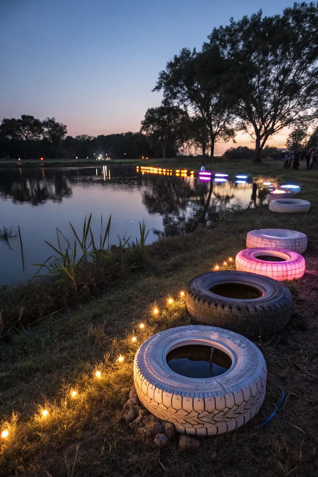 A tire pond that radiates exquisitely with LED illumination under the night sky.