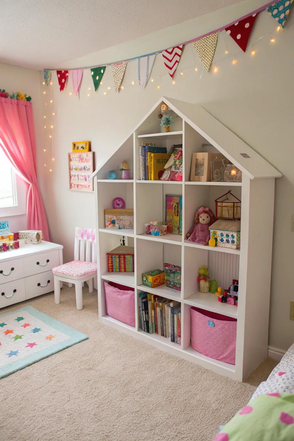 A bookcase-turned-dollhouse provides imaginative play and storage space in one.