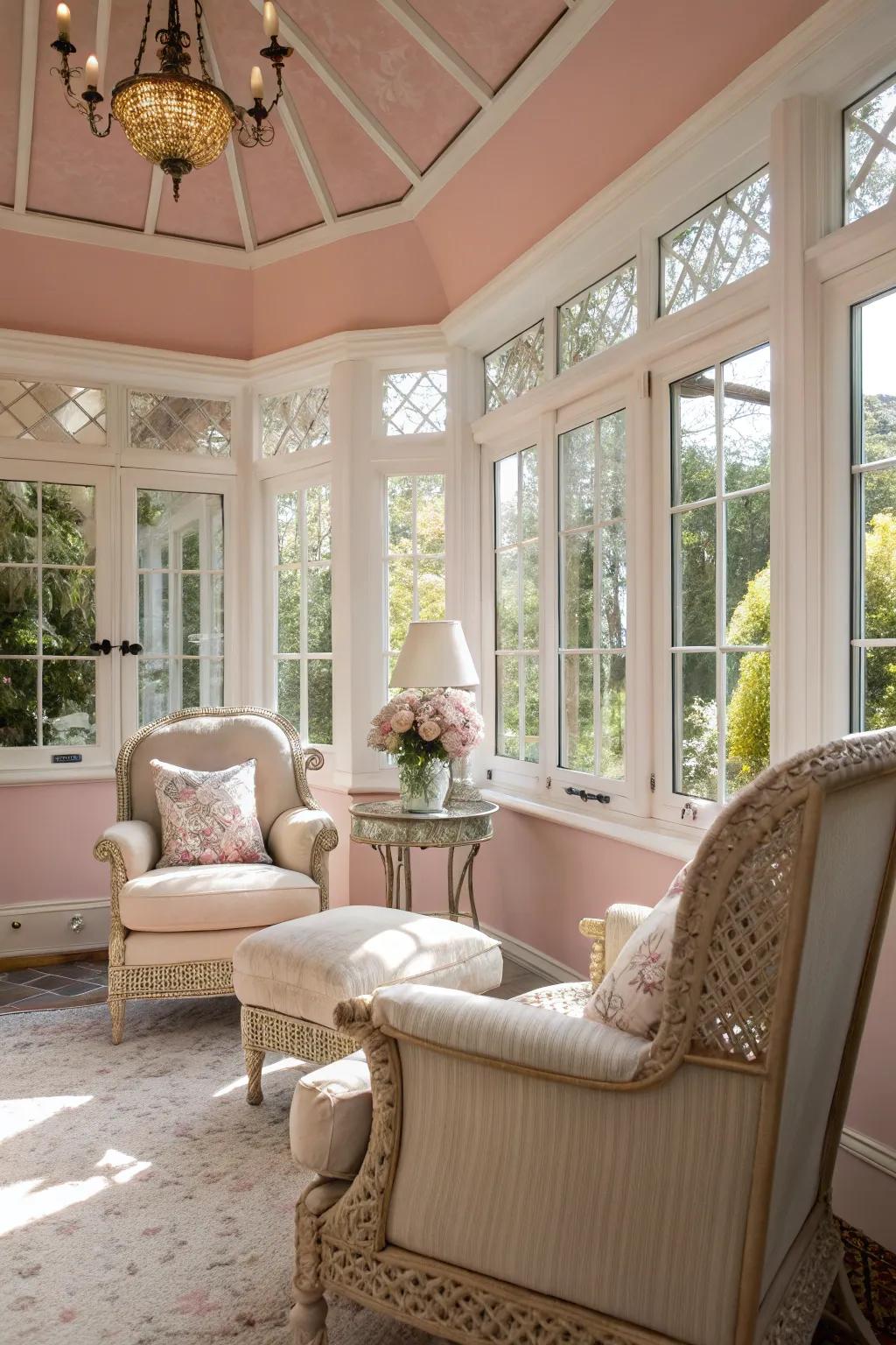 Rose walls imparting a soft and elegant tone to the sunroom.