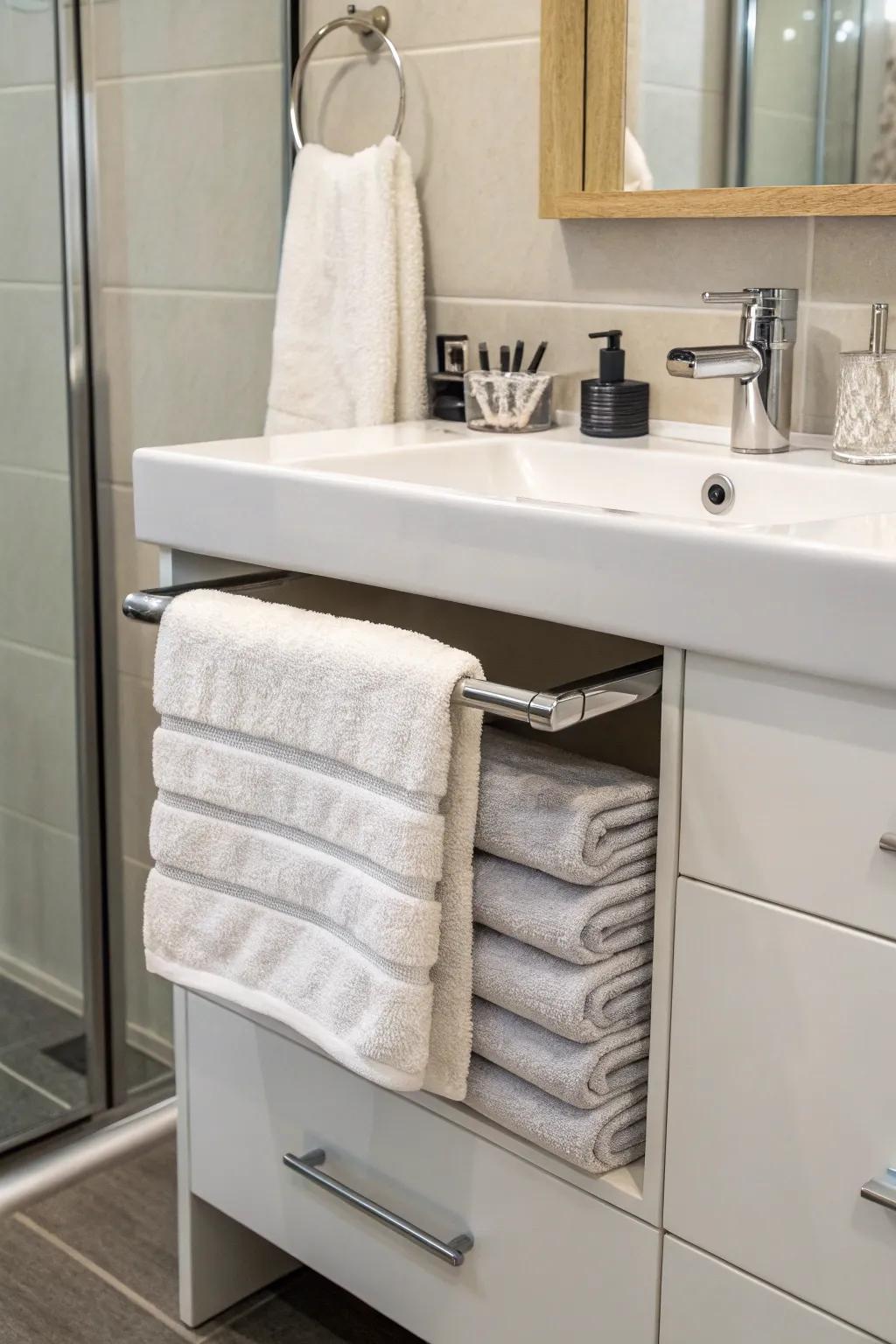 Make the most of under-sink space with a towel bar that keeps towels accessible.