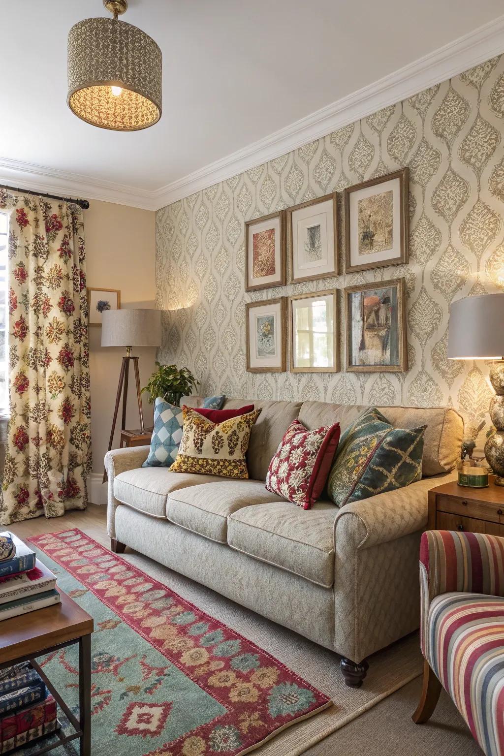 Patterns impart visual intrigue and vitality to the family room interior design.
