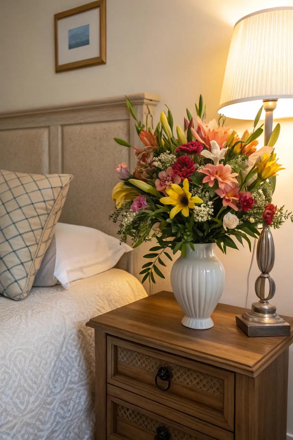 Blossom arrangements introduce life and freshness.