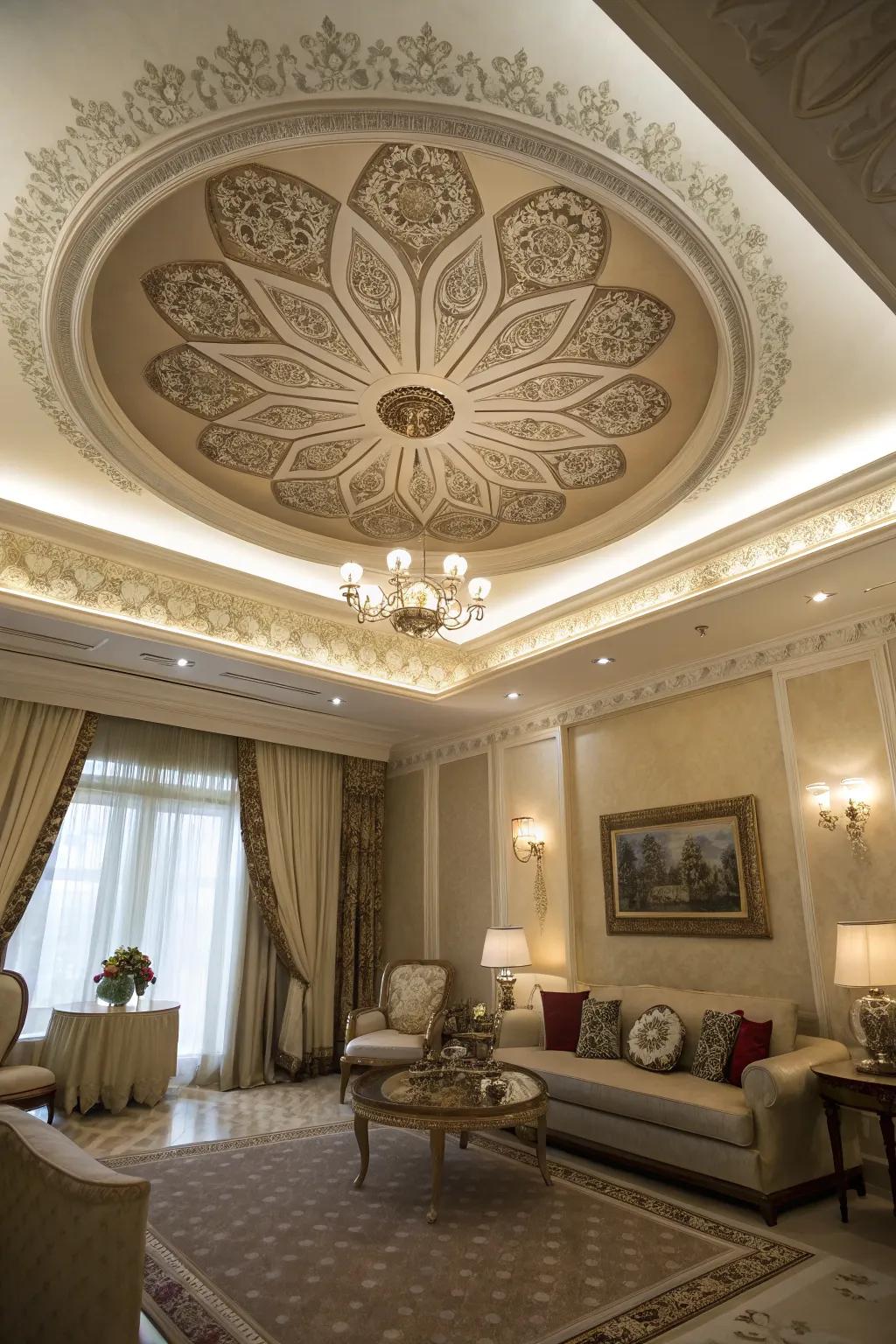An elegant room showcases a tray ceiling enhanced by an ornamental centerpiece.