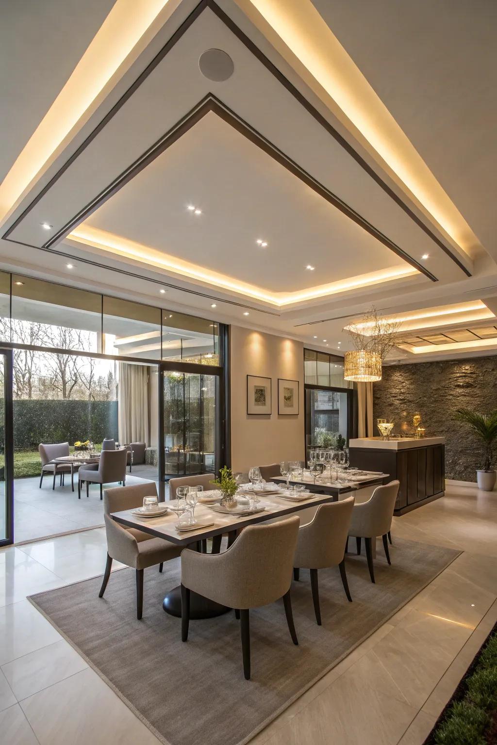 A contemporary dining space is enriched by layered lighting in the tray ceiling.