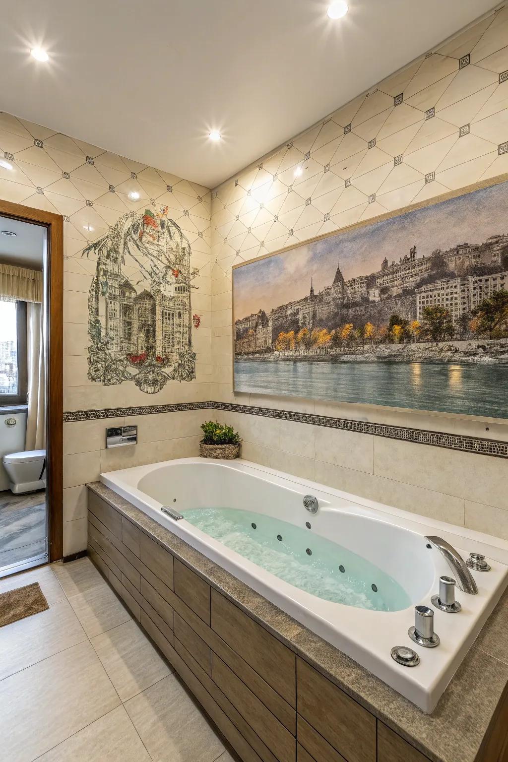 A tub deck enhanced by a captivating design wall.