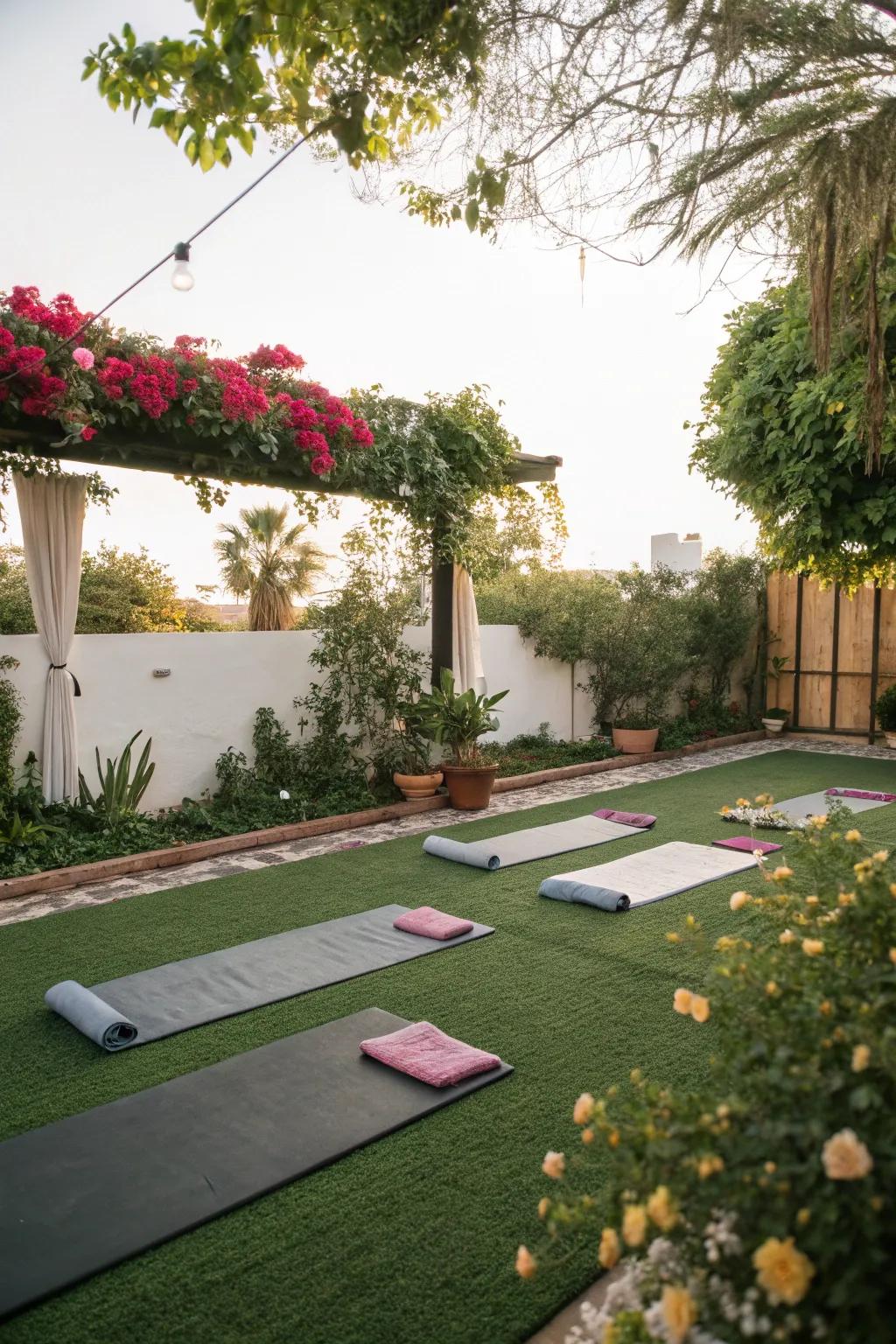 A tranquil yoga studio upon a synthetic lawn patio.