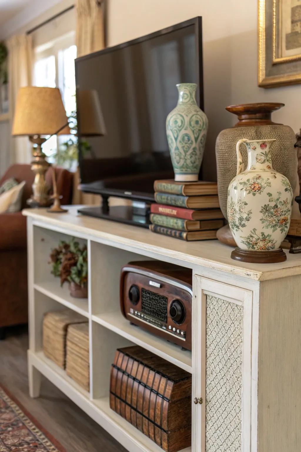 Treasures of yore adding timeless charm to a media console.